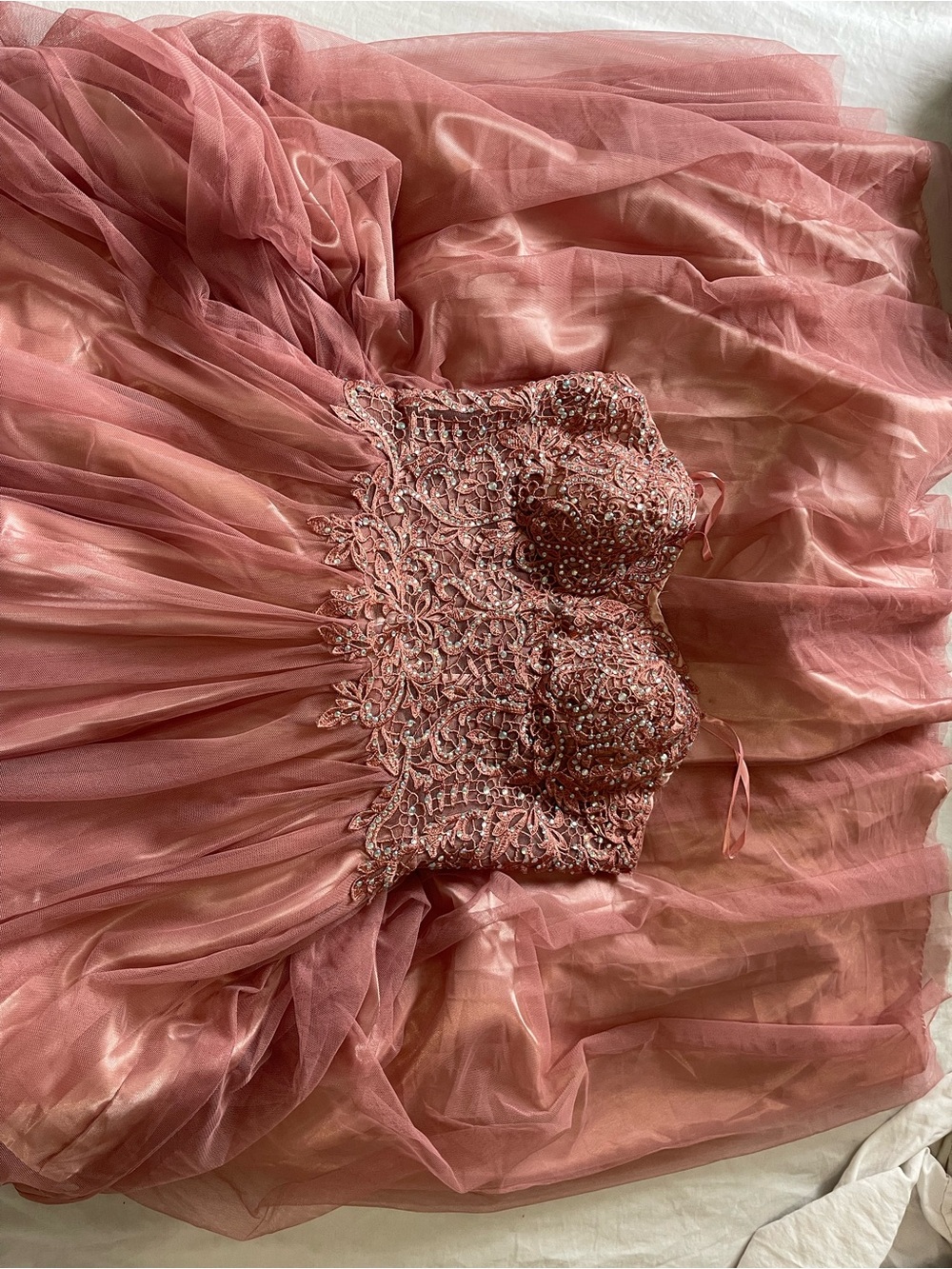 Blondie Nites Dusty Rose Beaded Tulle Prom Dress